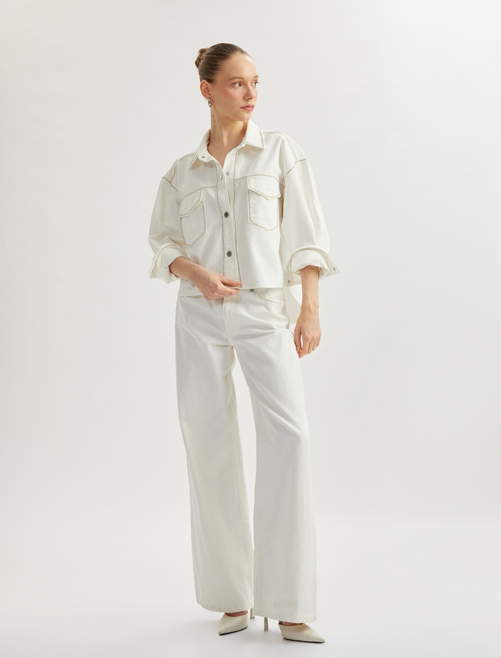  Cep Detaylı Klasik Yaka Düğmeli Denim Ceket