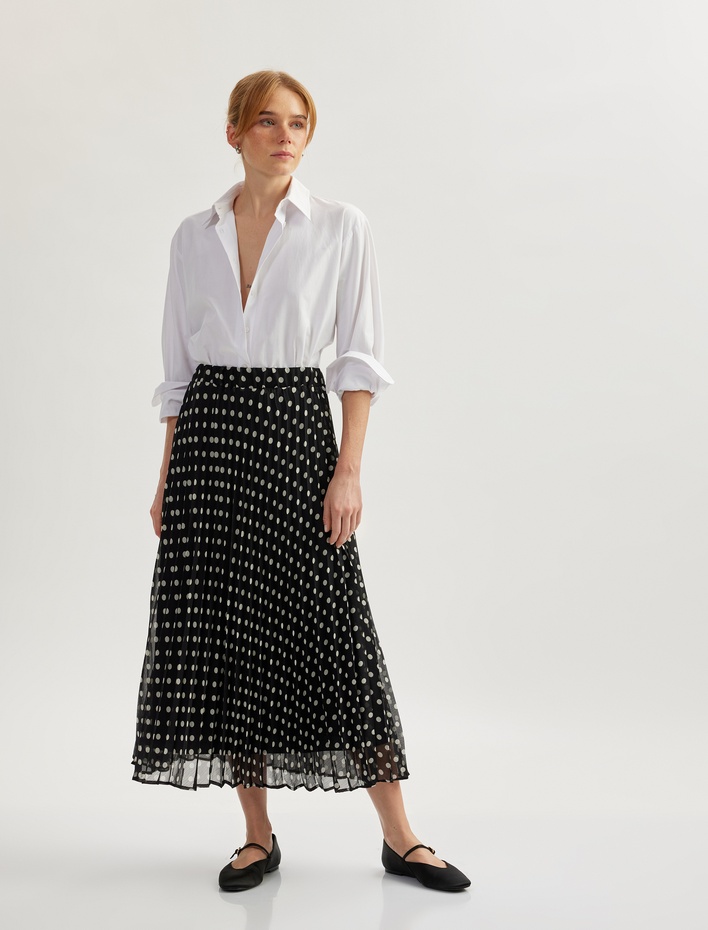  Midi Boy Puantiyeli Pileli Kloş Etek