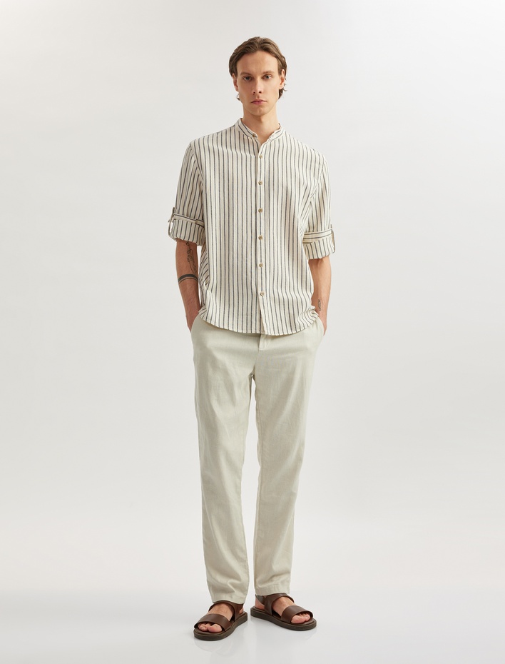  Pamuklu Çizgili Kıvırmalı Uzun Kollu Regular Fit Hakim Yaka Gömlek