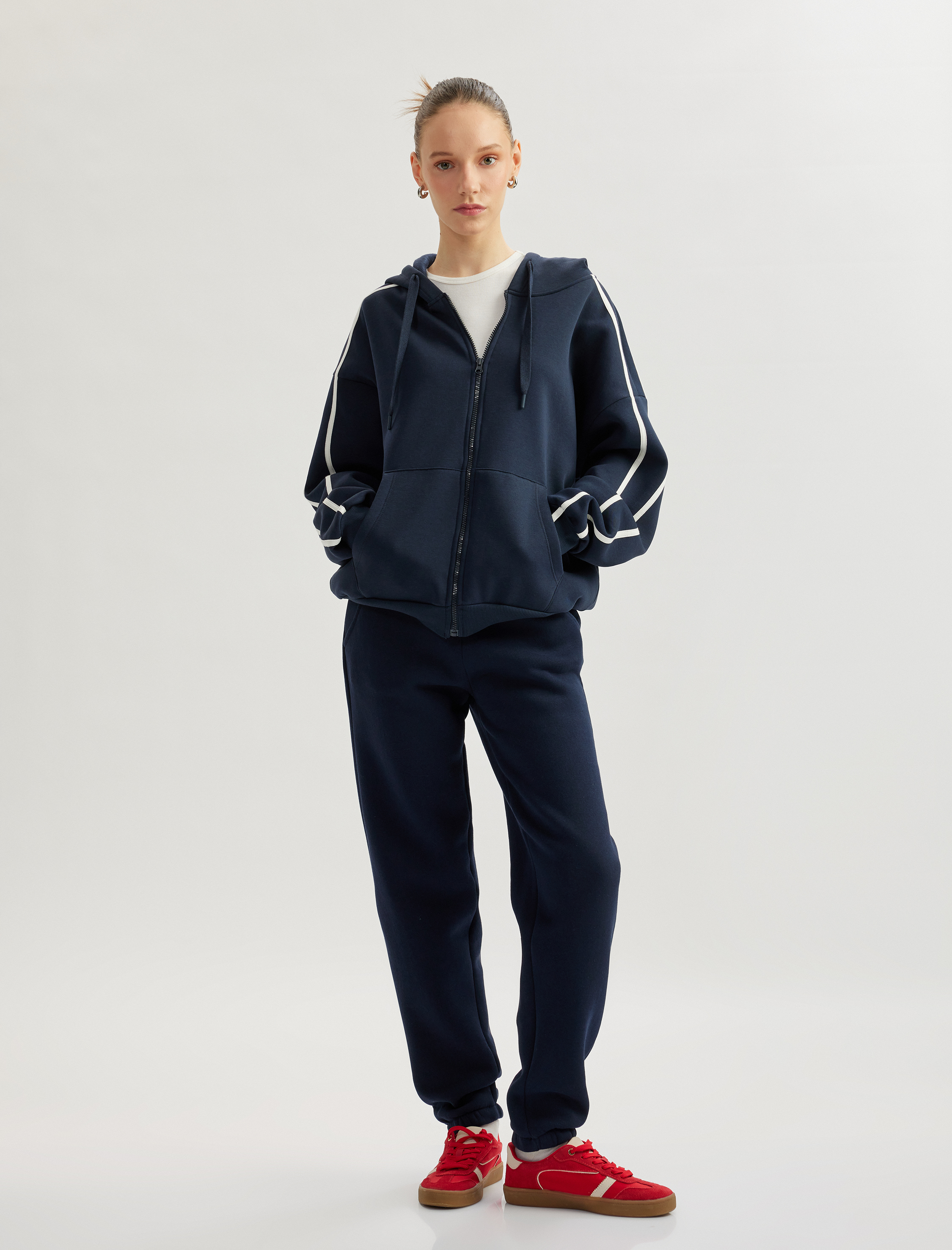   Şardonlu Kapüşonlu Fermuarlı Kanguru Cepli Çizgili Oversize Sweatshirt