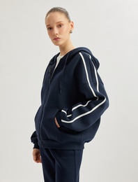 Şardonlu Kapüşonlu Fermuarlı Kanguru Cepli Çizgili Oversize Sweatshirt