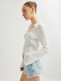 Slim Fit Uzun Kollu Dokulu Gömlek Yaka Düğmeli Tişört Bürümcük