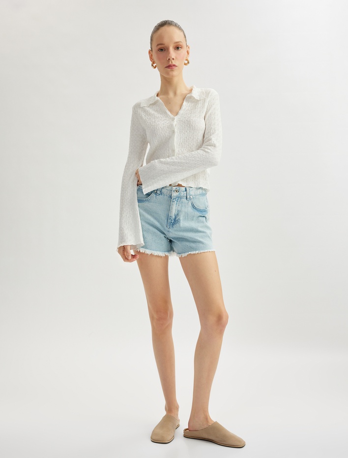  Slim Fit Uzun Kollu Dokulu Gömlek Yaka Düğmeli Tişört Bürümcük