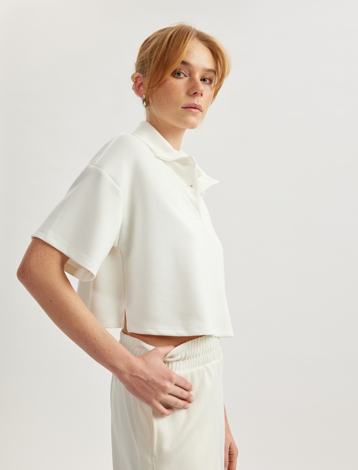  Modal Rahat Kalıp Kısa Kollu Polo Yaka Crop Tişört