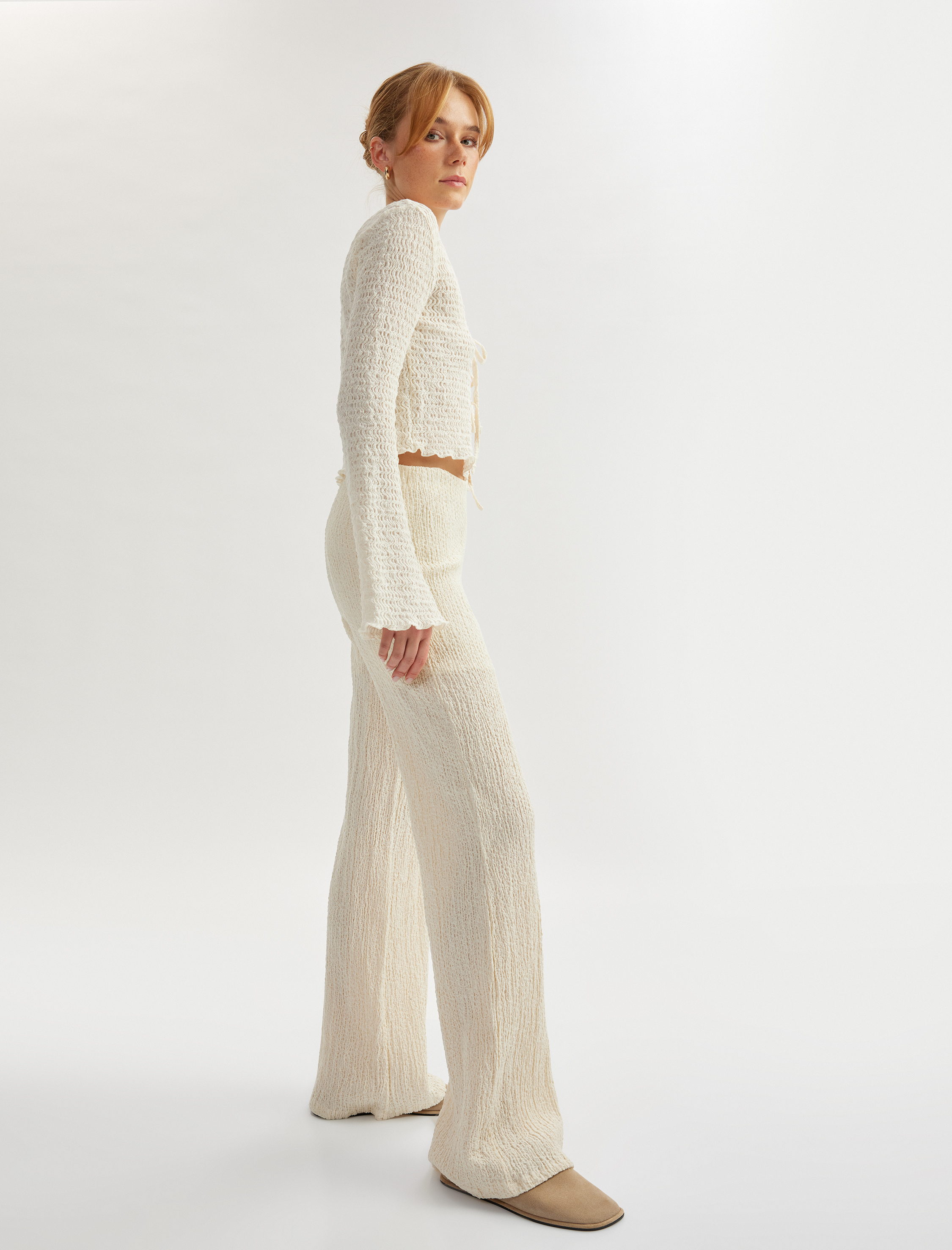   Pamuklu Dokulu Bol Paça Pantolon