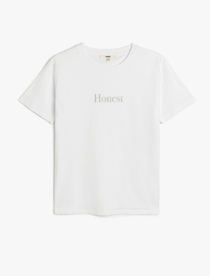  Pamuklu Kısa Kollu Bisiklet Yaka Baskılı Tişört