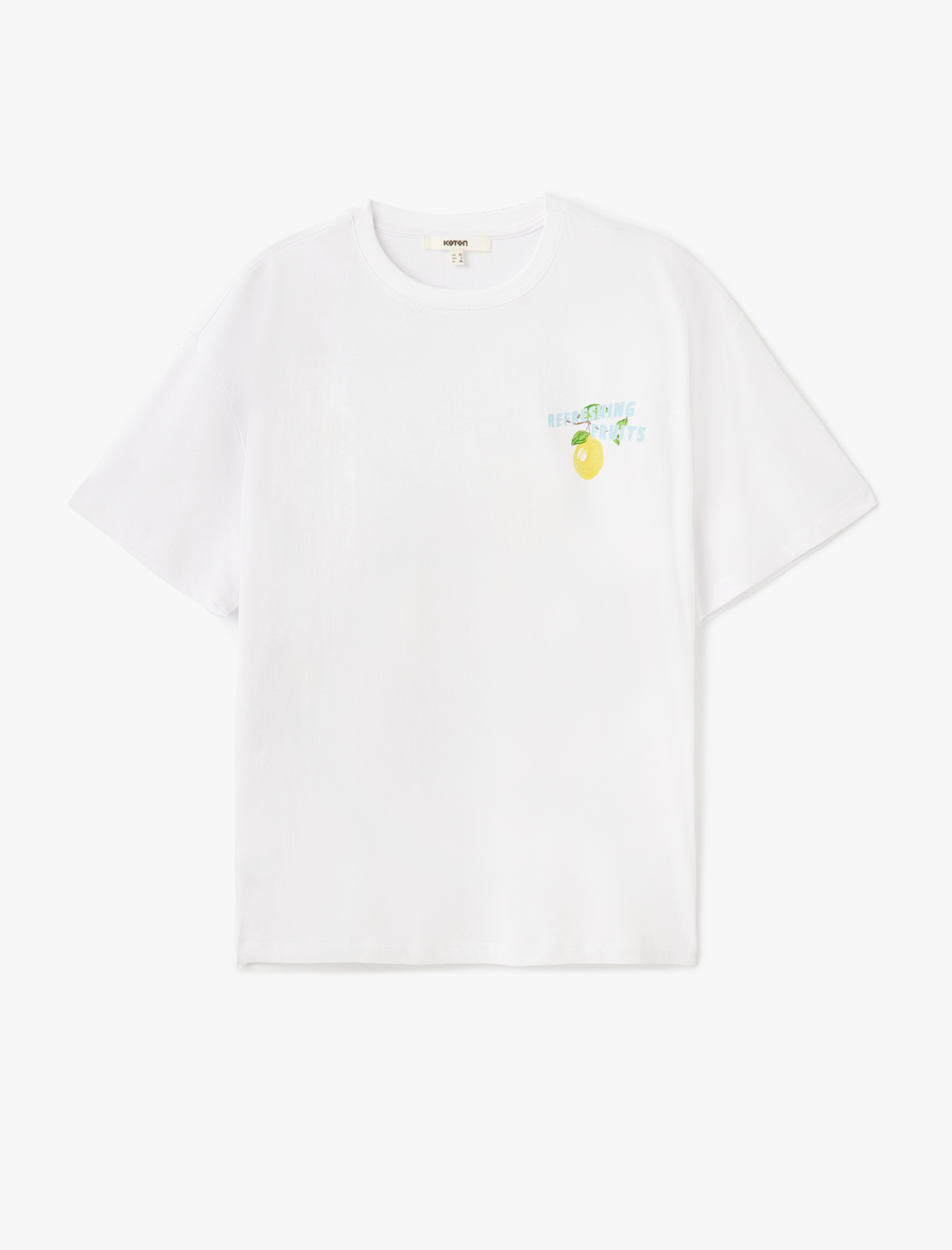   Pamuklu Kısa Kollu Bisiklet Yaka Arkası Limon Baskılı Tişört