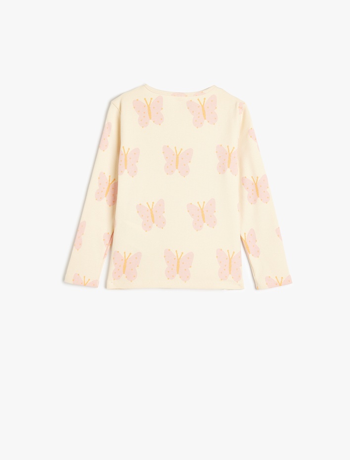 Kız Bebek Kelebek Baskılı Bisiklet Yaka Uzun Kollu Pamuklu Tişört