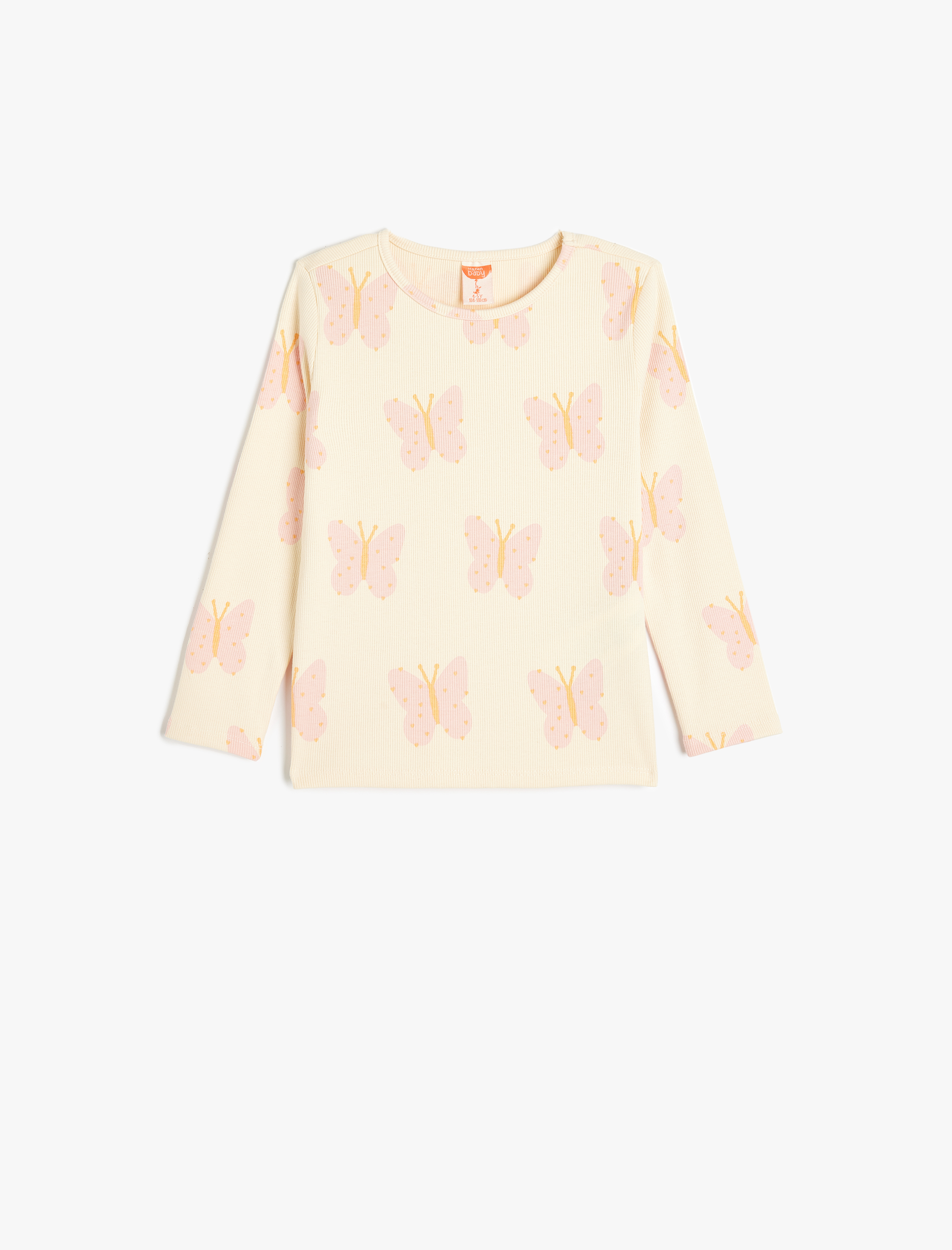  Kız Bebek Kelebek Baskılı Bisiklet Yaka Uzun Kollu Pamuklu Tişört