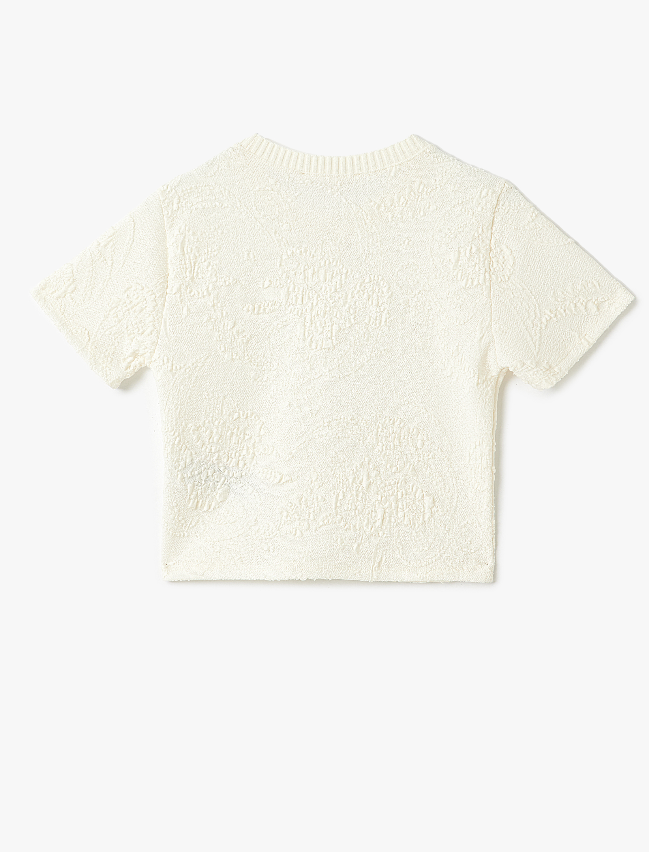   Pamuklu Kısa Kollu Bisiklet Yaka Floral Dokulu Crop Tişört