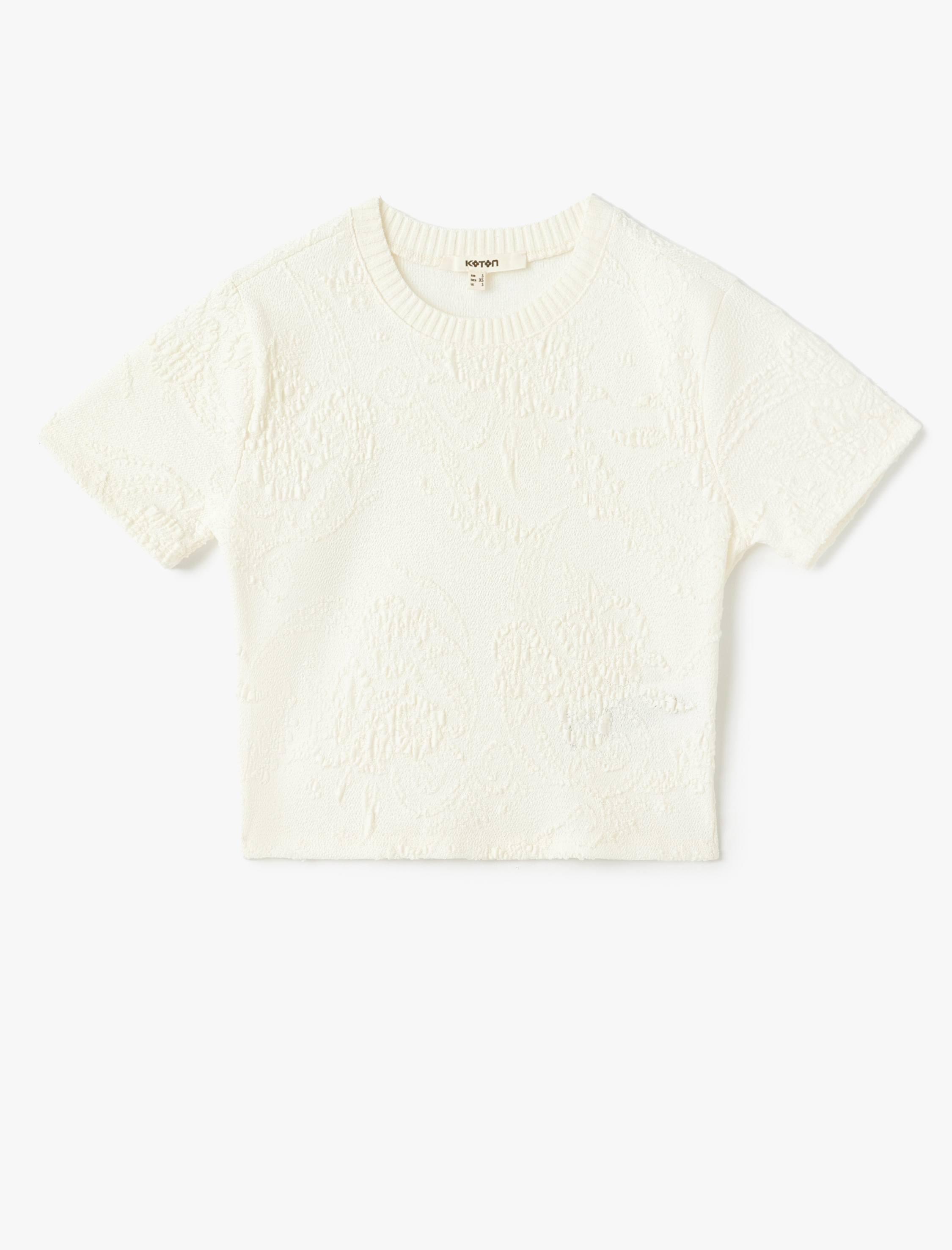   Pamuklu Kısa Kollu Bisiklet Yaka Floral Dokulu Crop Tişört