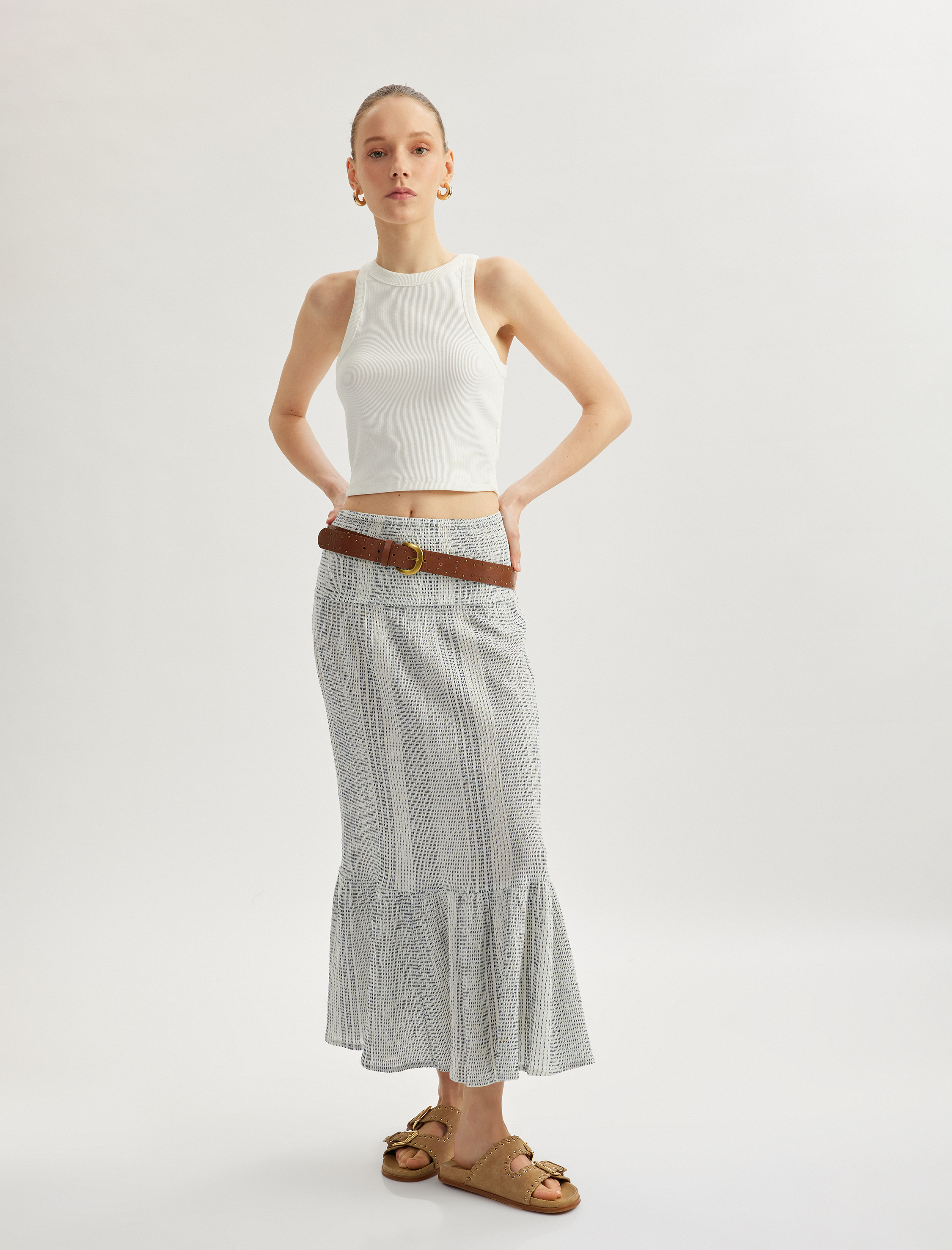   Beli Lastikli Katlı Volanlı A Kesim Desenli Midi Etek