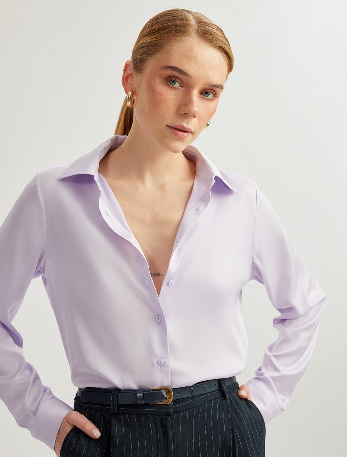  Klasik Yaka Uzun Kollu Saten Gömlek