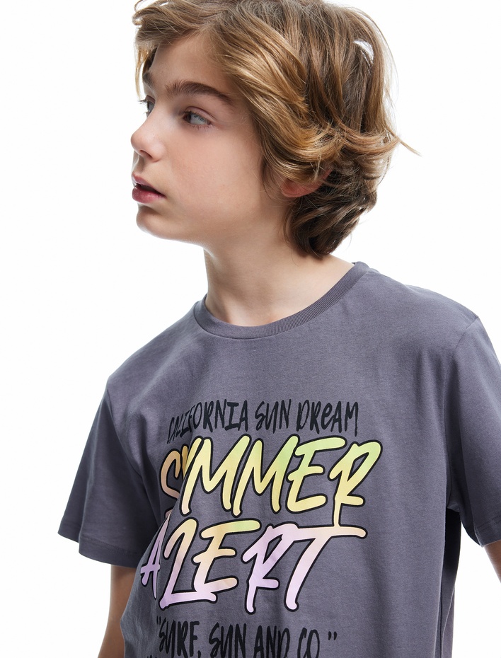 Erkek Çocuk Slogan Baskılı Bisiklet Yaka Kısa Kollu Pamuklu Tişört