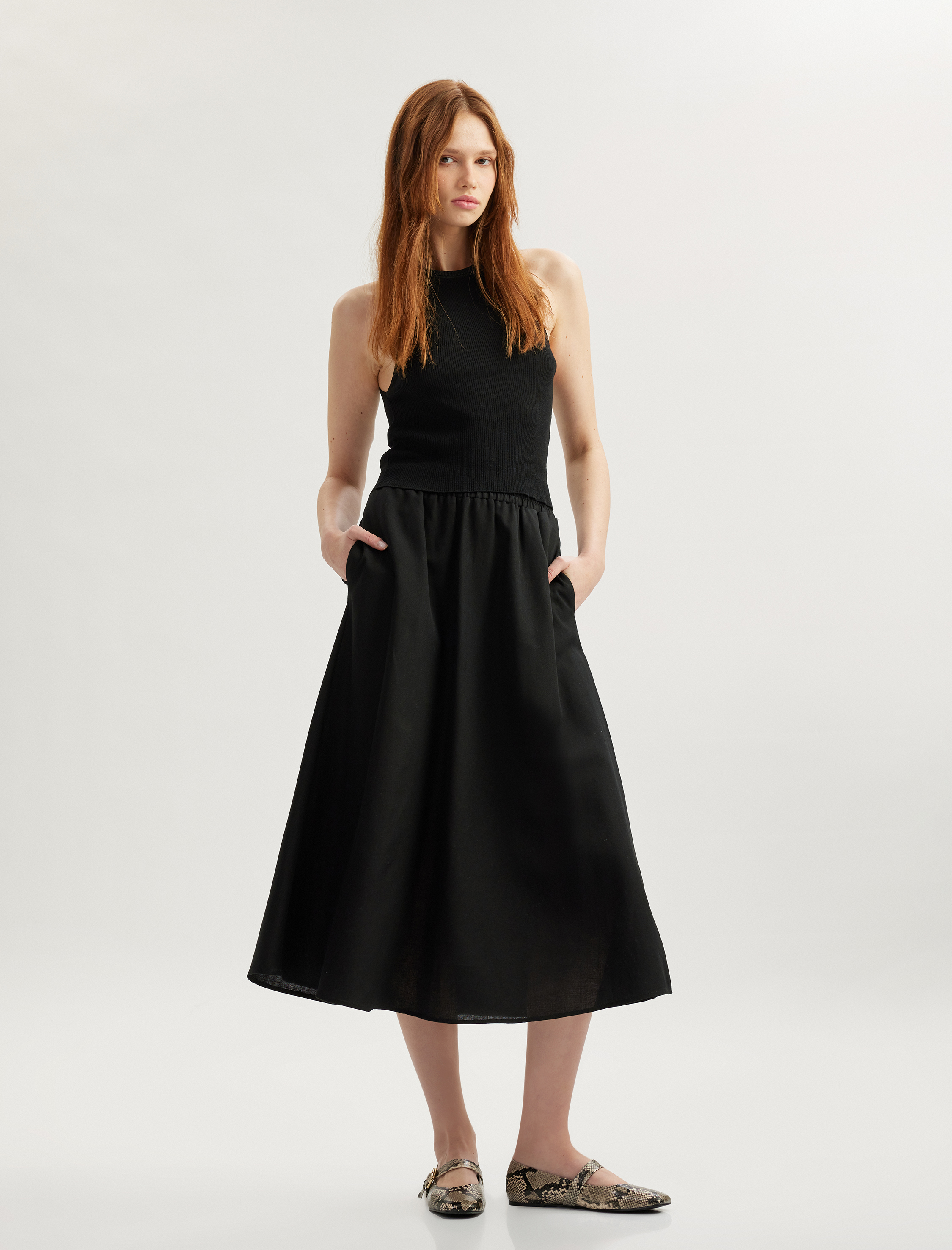   Rahat Kalıp Viskon-Keten Karışımlı Cepli Uzun Kloş Etek