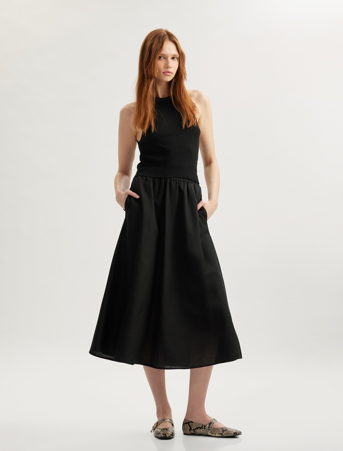  Rahat Kalıp Viskon-Keten Karışımlı Cepli Uzun Kloş Etek