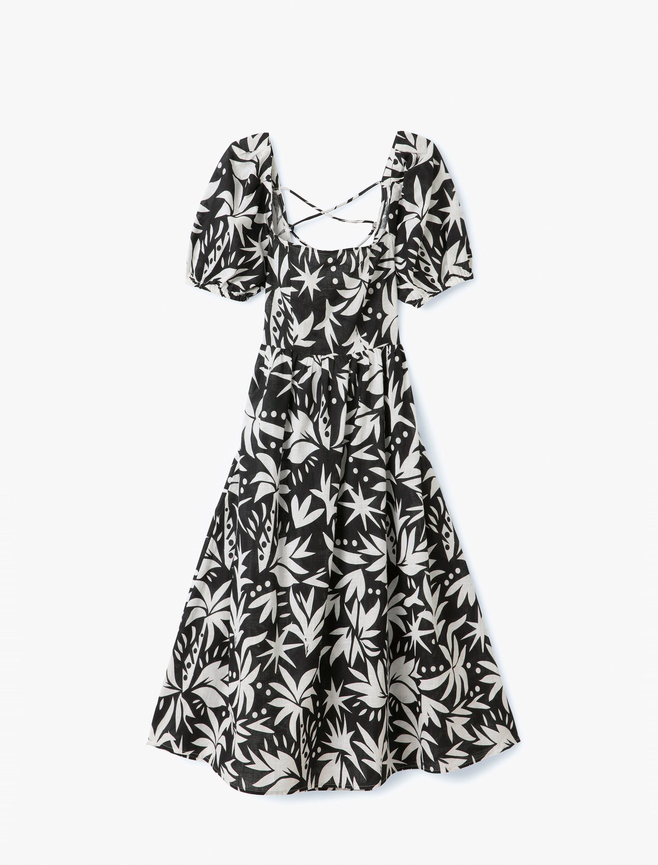   Pamuklu Kısa Balon Kollu Arkası Dekolte Detaylı Midi Boy Çiçekli Elbise