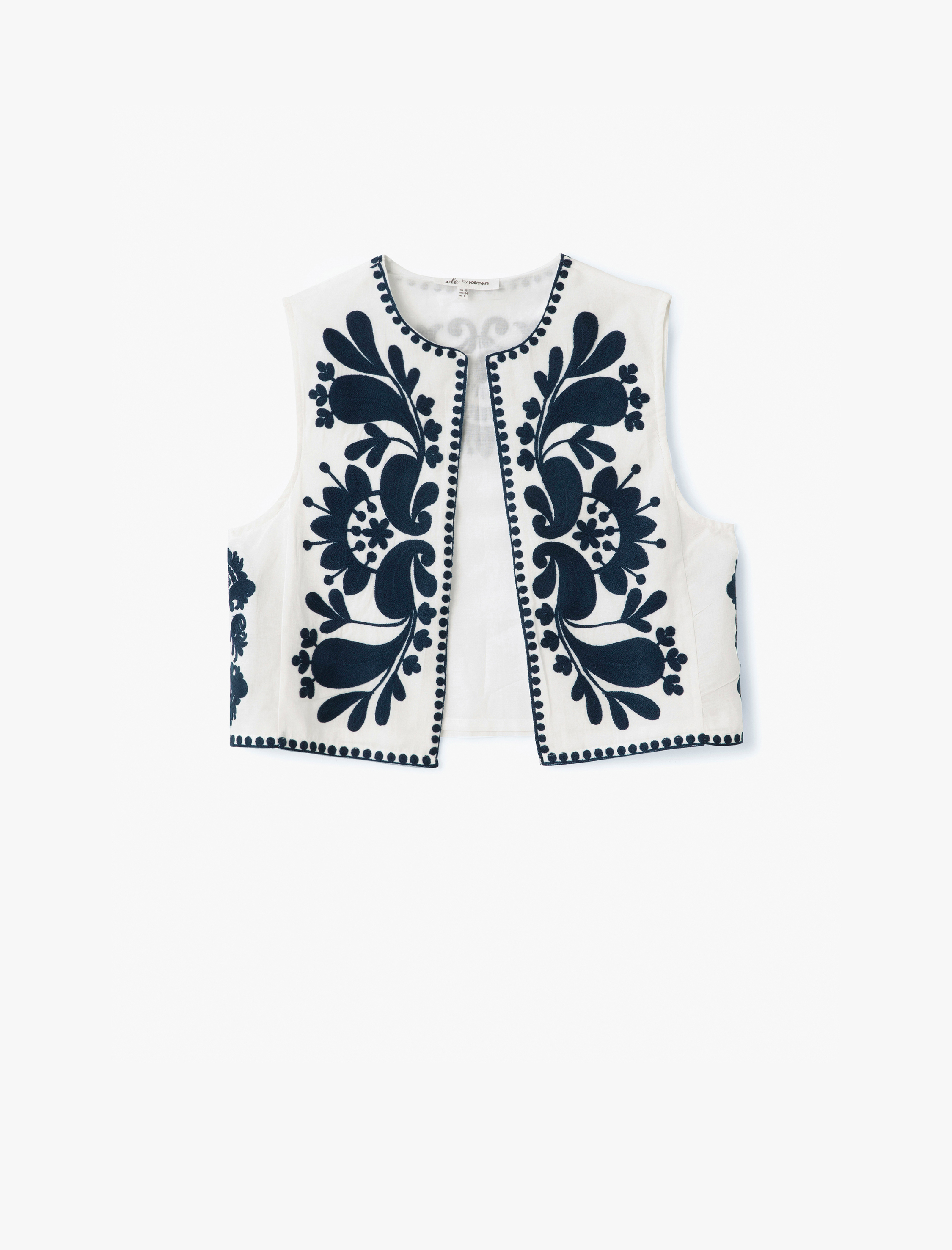   Aplike Nakışlı Bisiklet Yaka Kolsuz Crop Yelek