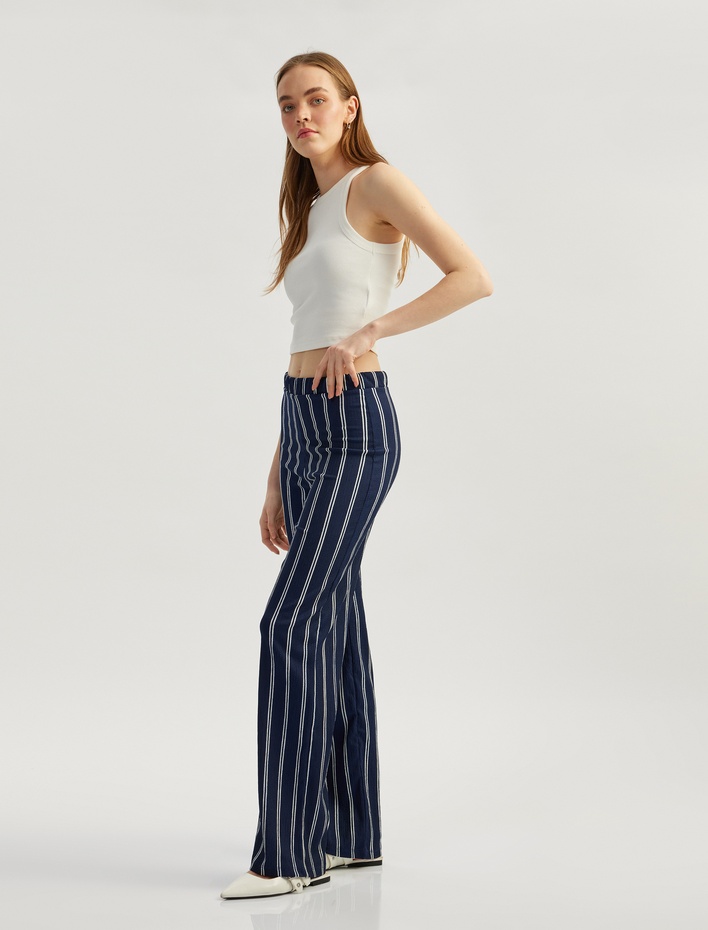  Çizgili Beli Lastikli Geniş Paça Pantolon Bürümcük