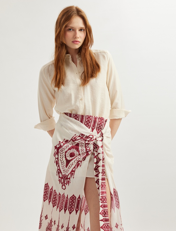  Bağlama Detaylı Viskon Etnik Desenli Midi Kruvaze Sarong Etek