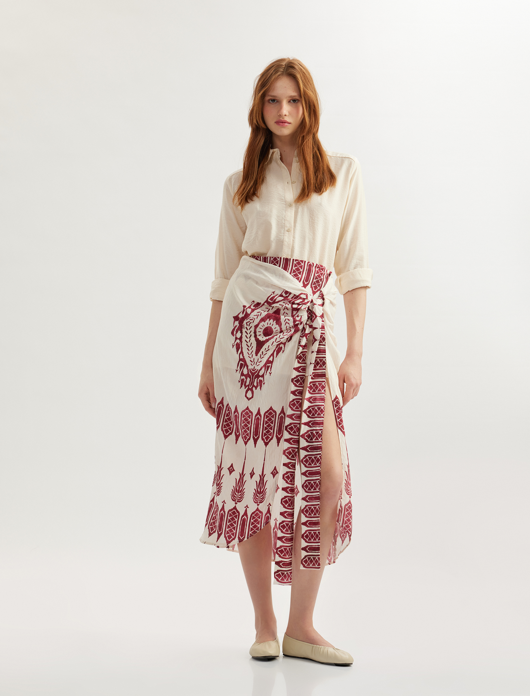   Bağlama Detaylı Viskon Etnik Desenli Midi Kruvaze Sarong Etek