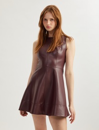 Bisiklet Yaka Kolsuz Suni Deri Mini Elbise