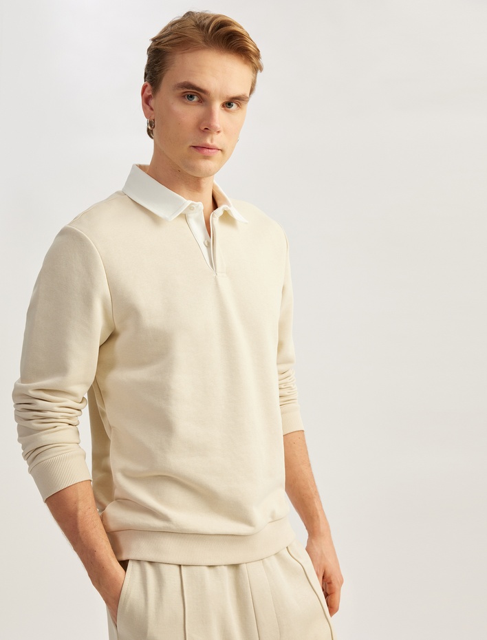  Uzun Kollu Pamuk Karışımlı Renk Kontrastlı Basic Polo Yaka Sweatshirt