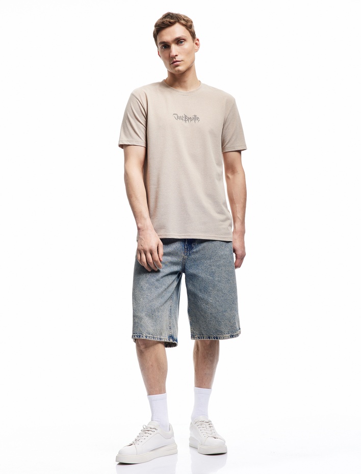  Slogan Baskılı Kısa Kollu Pike Kumaş Bisiklet Yaka Slim Fit Tişört