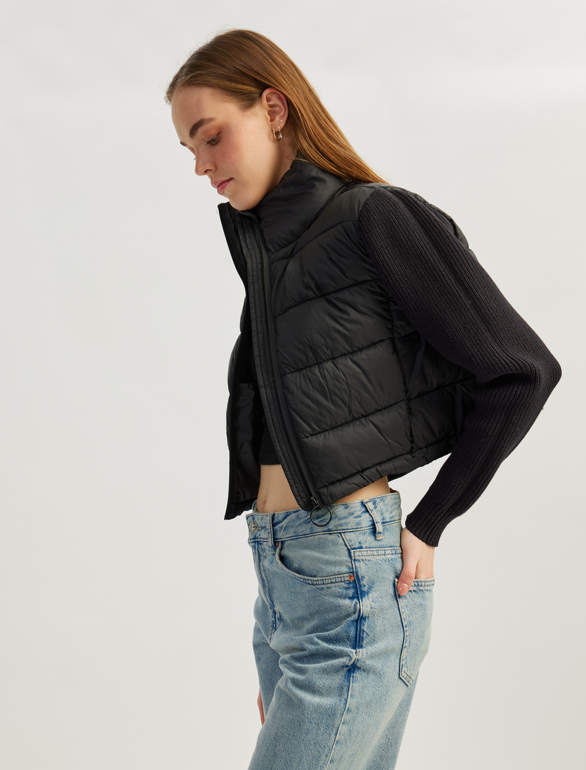   Dik Yaka Slim Fit Fermuarlı Uzun Kollu Ceket