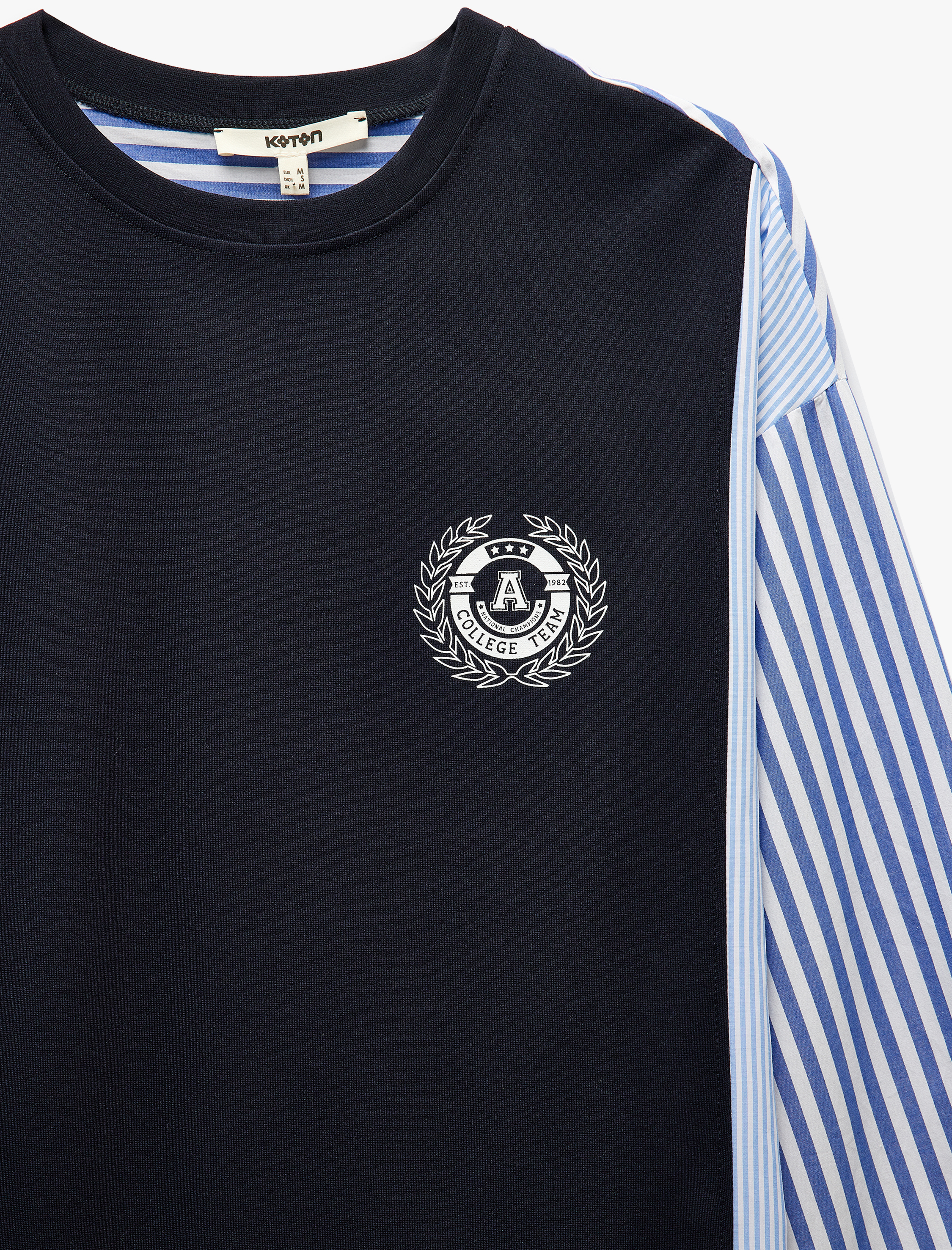   İki Farklı Kumaş Detaylı Rahat Kalıp Uzun Kollu Bisiklet Yaka Çizgili Sweatshirt