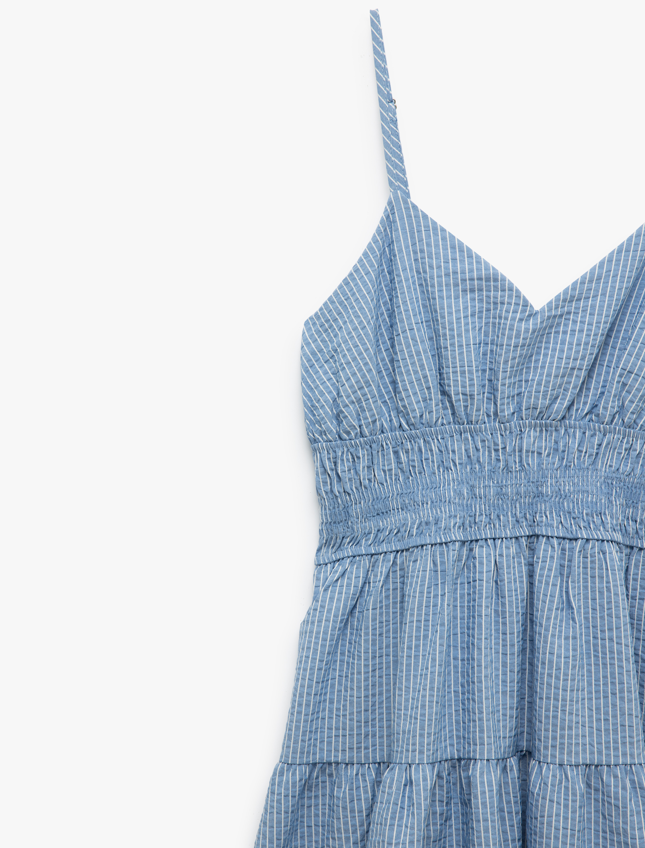   Çizgili Askılı Gipeli V Yaka Katlı Uzun Elbise