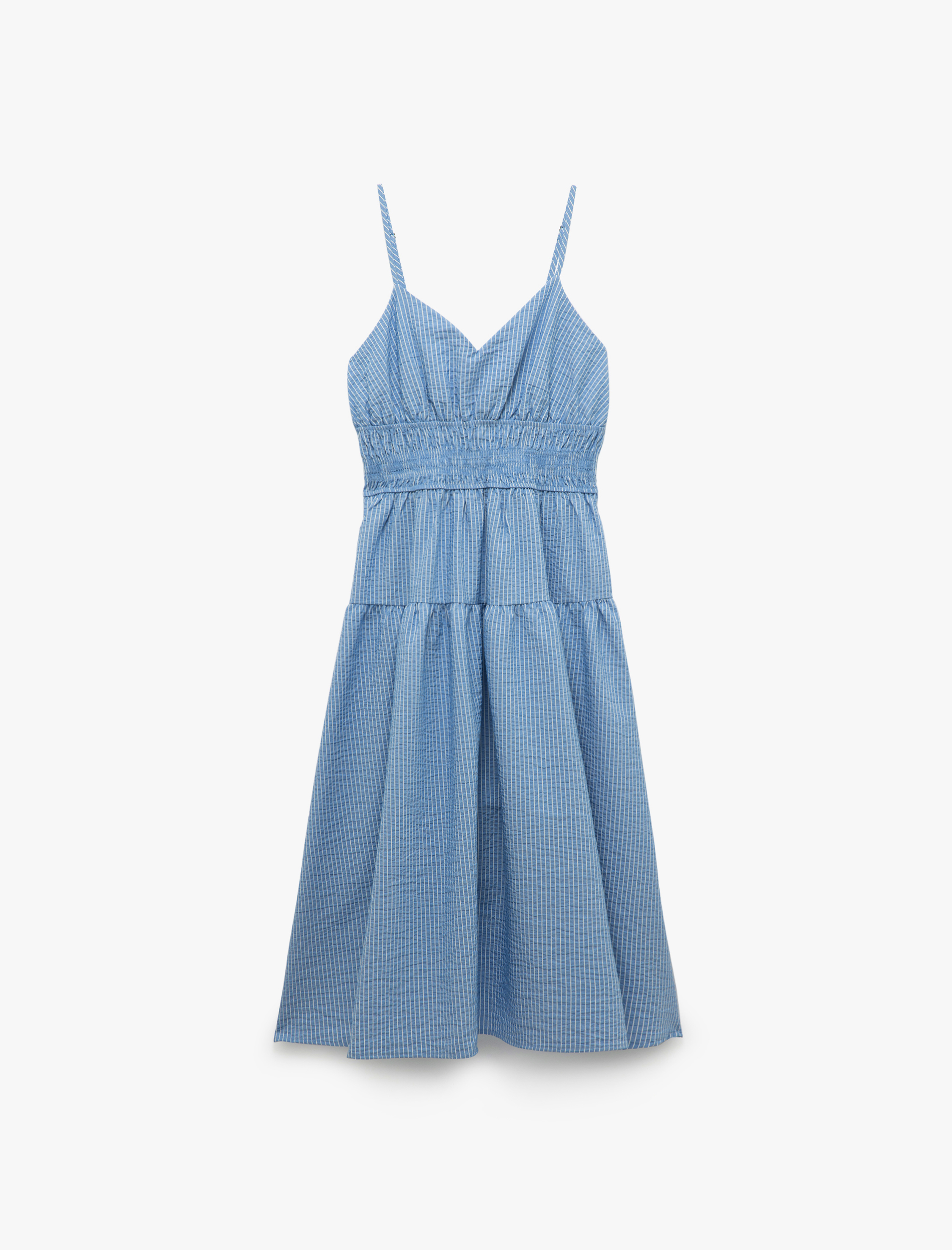   Çizgili Askılı Gipeli V Yaka Katlı Uzun Elbise