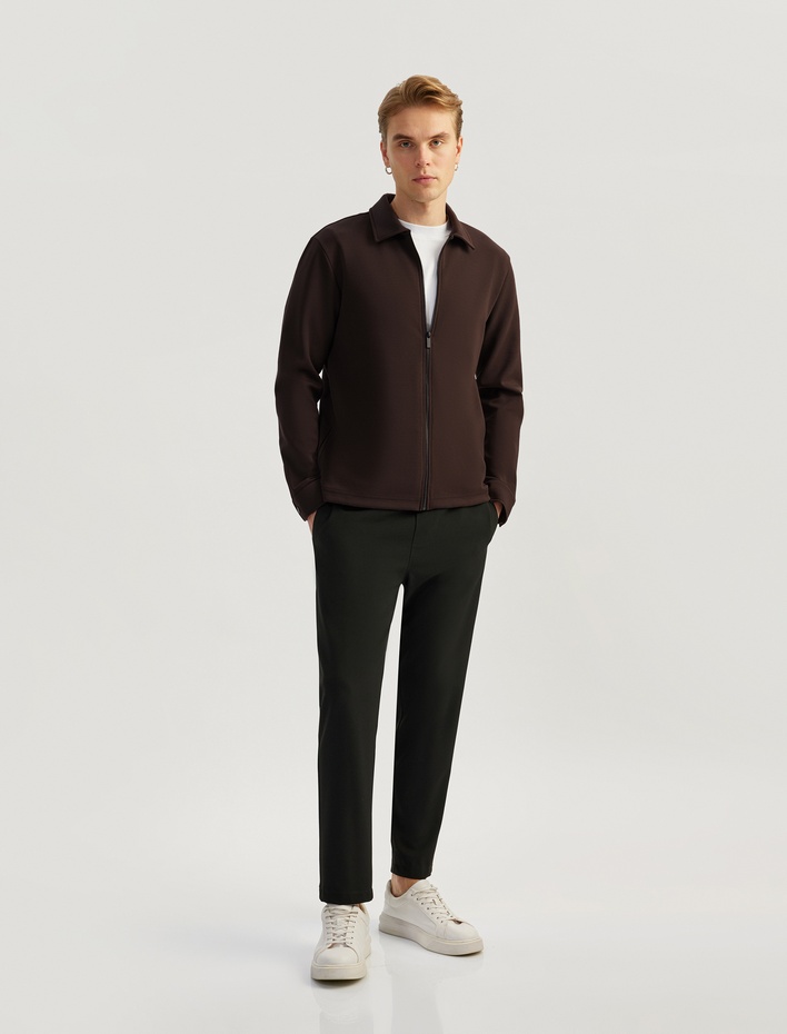  Uzun Kollu Pamuk Karışımlı Fermuarlı Hırka