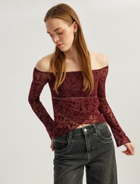 Asimetrik Kayık Yaka Omzu Açık Dantelli Uzun Kollu Tişört