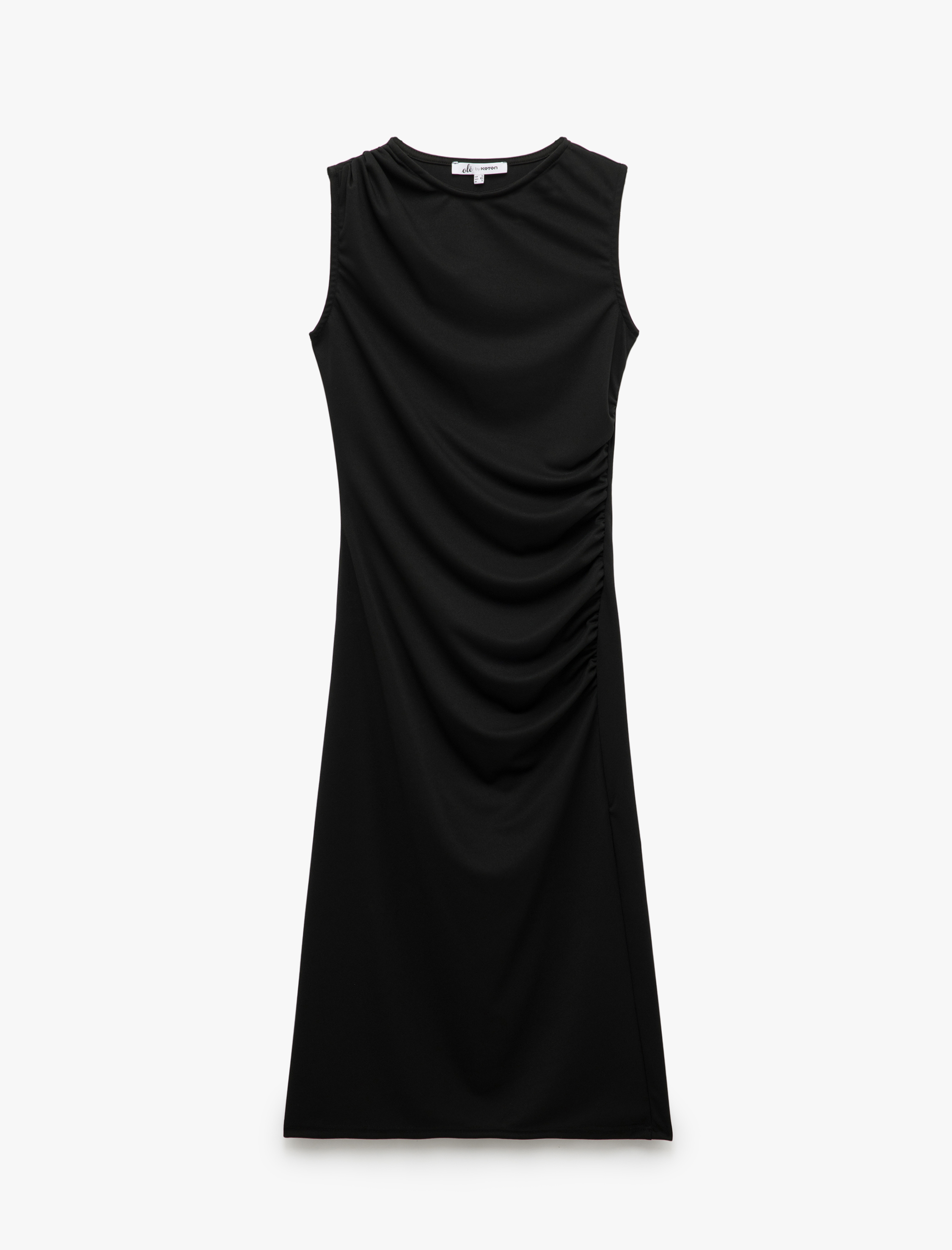   Bisiklet Yaka Kolsuz Drapeli Midi Elbise