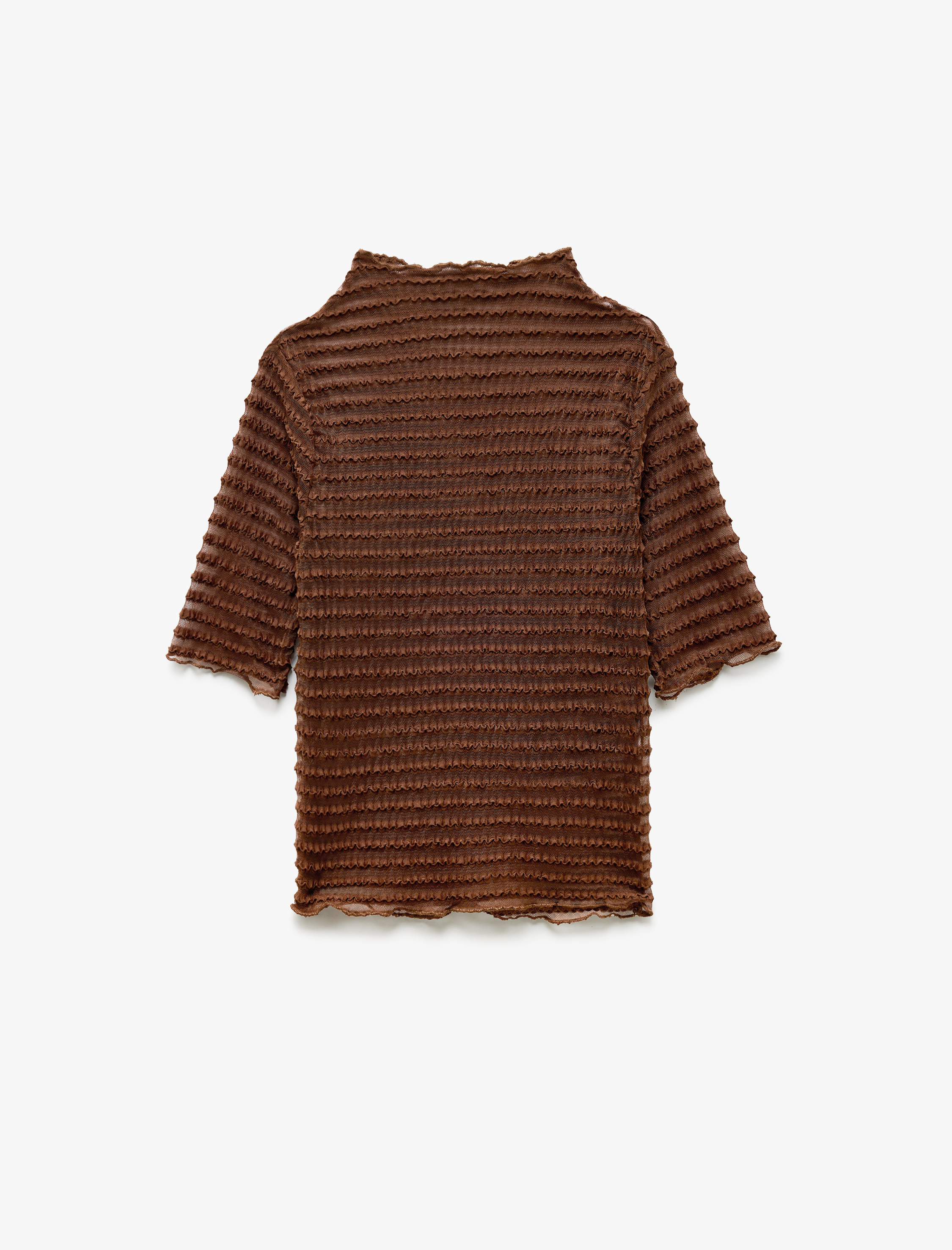   Yarı Transparan Kısa Kollu Bisiklet Yaka Dokulu Tül Tişört