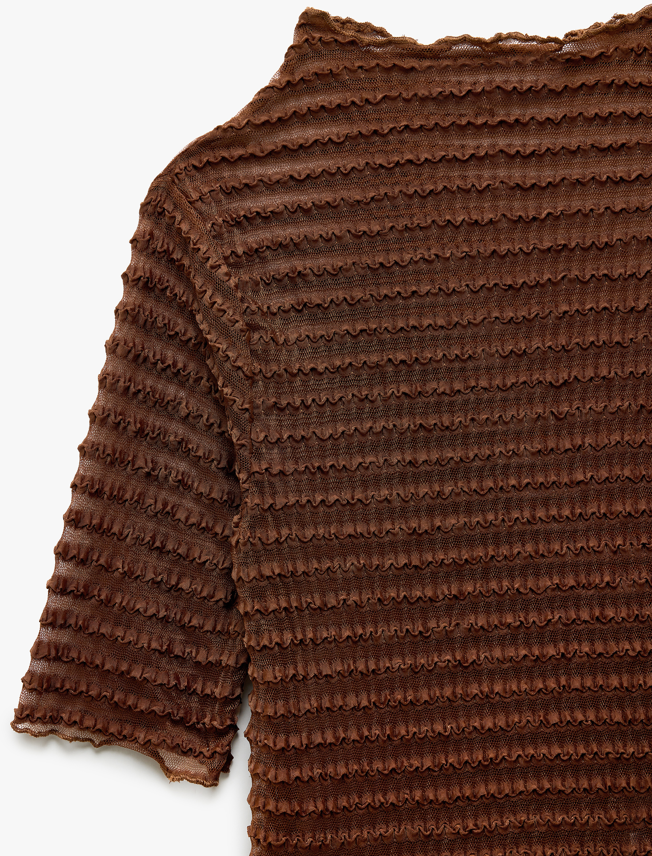   Yarı Transparan Kısa Kollu Bisiklet Yaka Dokulu Tül Tişört