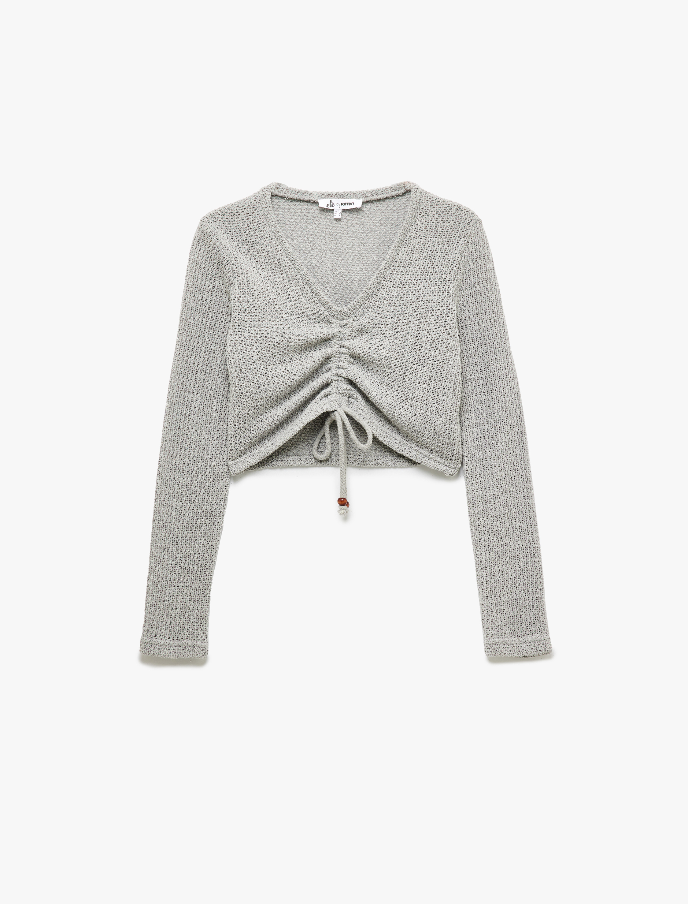   Uzun Kollu Büzgülü V Yaka Triko Crop Tişört