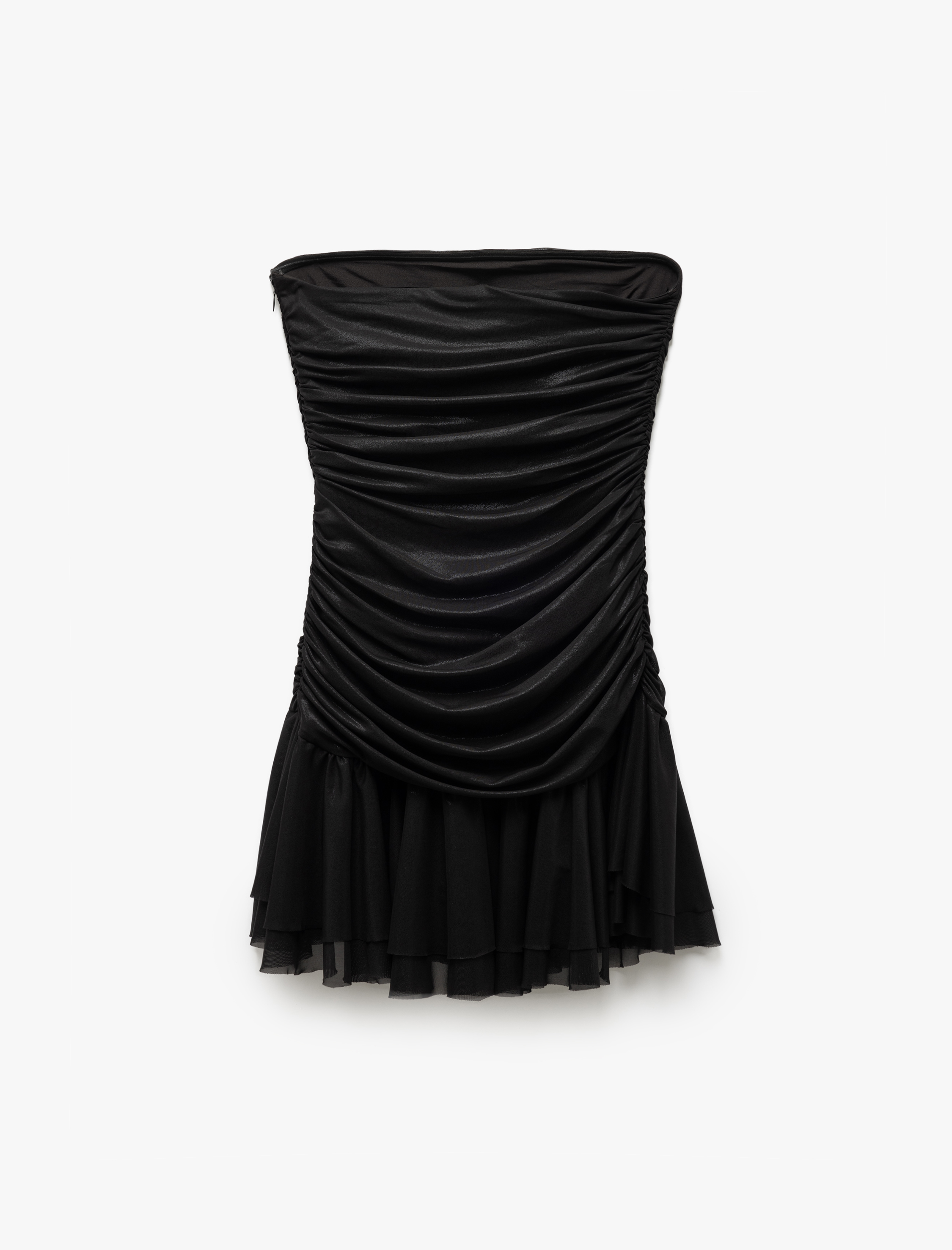   Drape Detaylı Kolsuz Straplez Volanlı Mini Abiye Elbise