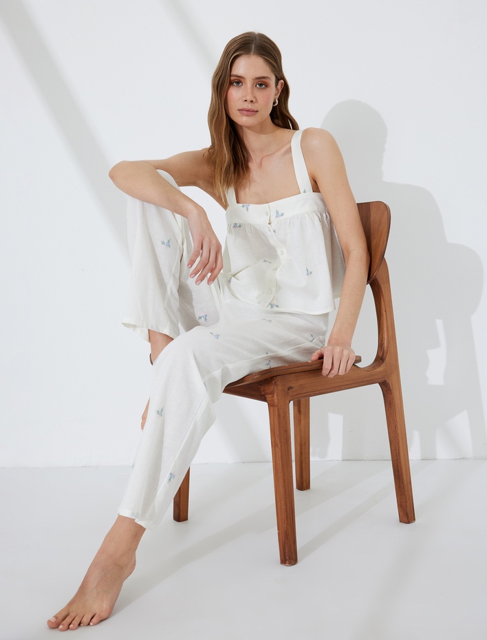  Rahat Kalıp Beli Bağlamalı Pamuk-Keten Karışımlı Çiçek İşlemeli Pijama Altı