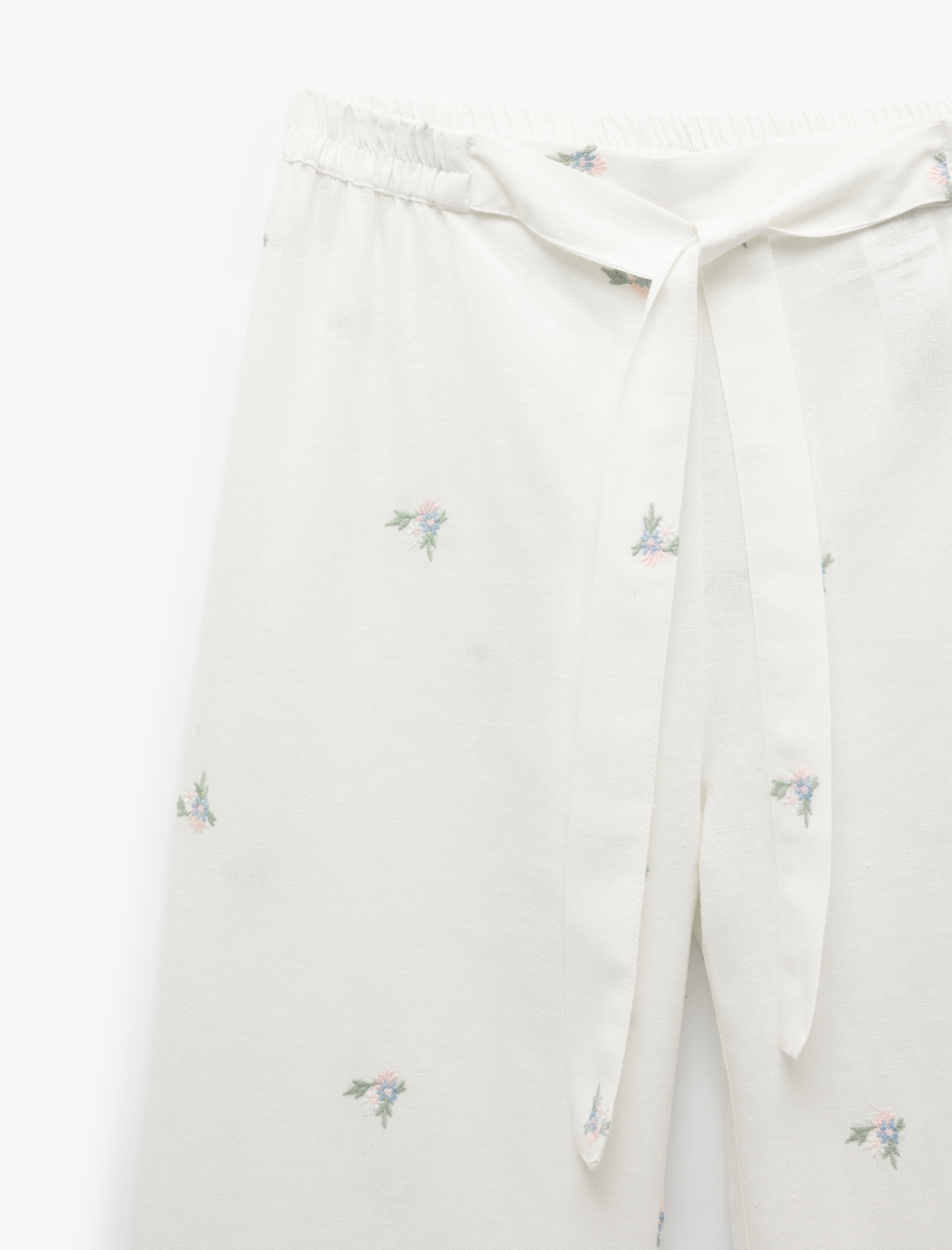   Rahat Kalıp Beli Bağlamalı Pamuk-Keten Karışımlı Çiçek İşlemeli Pijama Altı