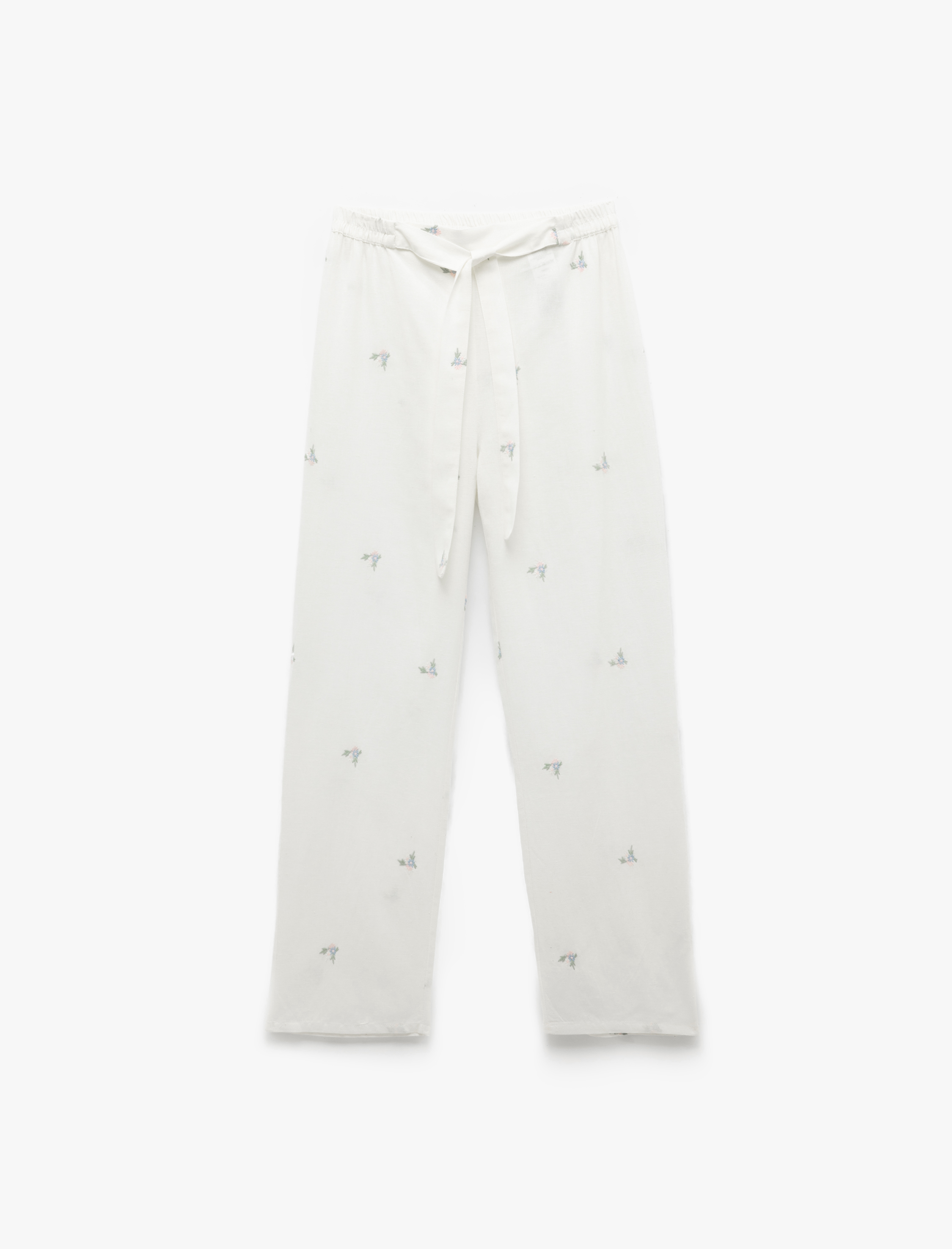   Rahat Kalıp Beli Bağlamalı Pamuk-Keten Karışımlı Çiçek İşlemeli Pijama Altı