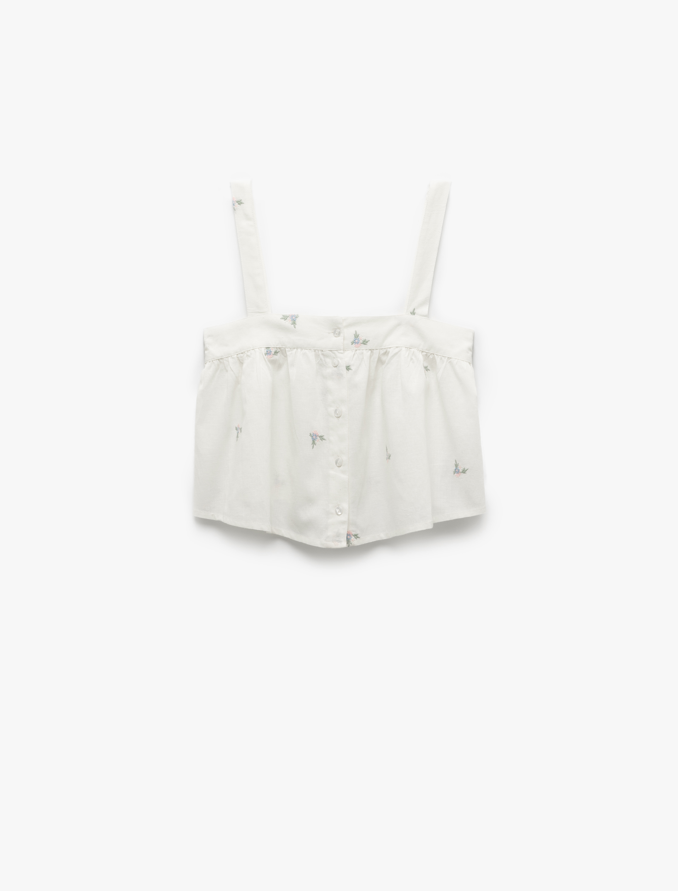   Pamuklu-Keten Karışımlı Askılı Çiçek İşlemeli Crop Pijama Üstü