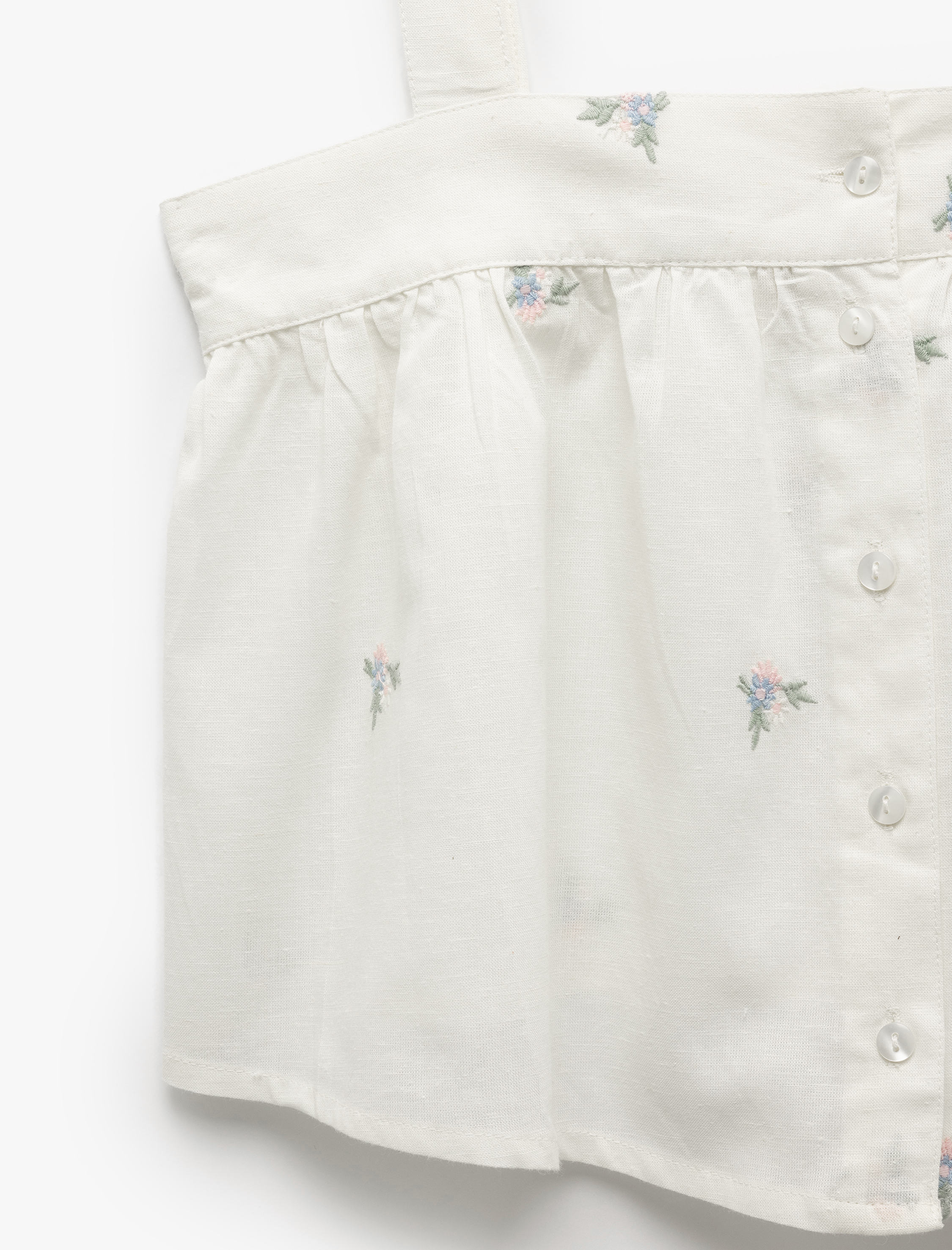   Pamuklu-Keten Karışımlı Askılı Çiçek İşlemeli Crop Pijama Üstü