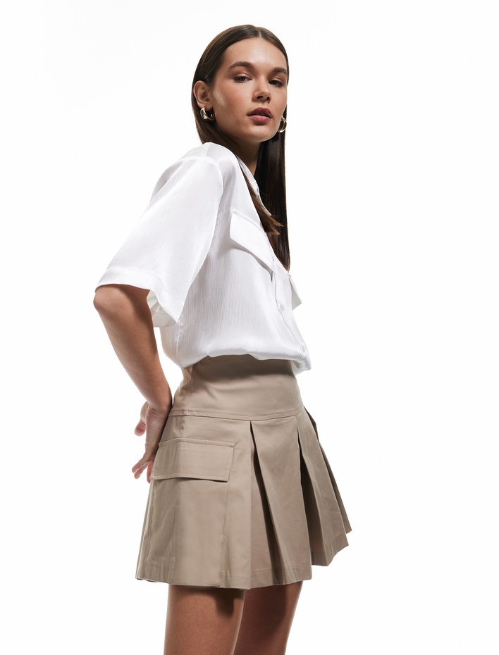  Pamuklu Gabardin Kumaş Kargo Cepli Mini Pileli Şort Etek