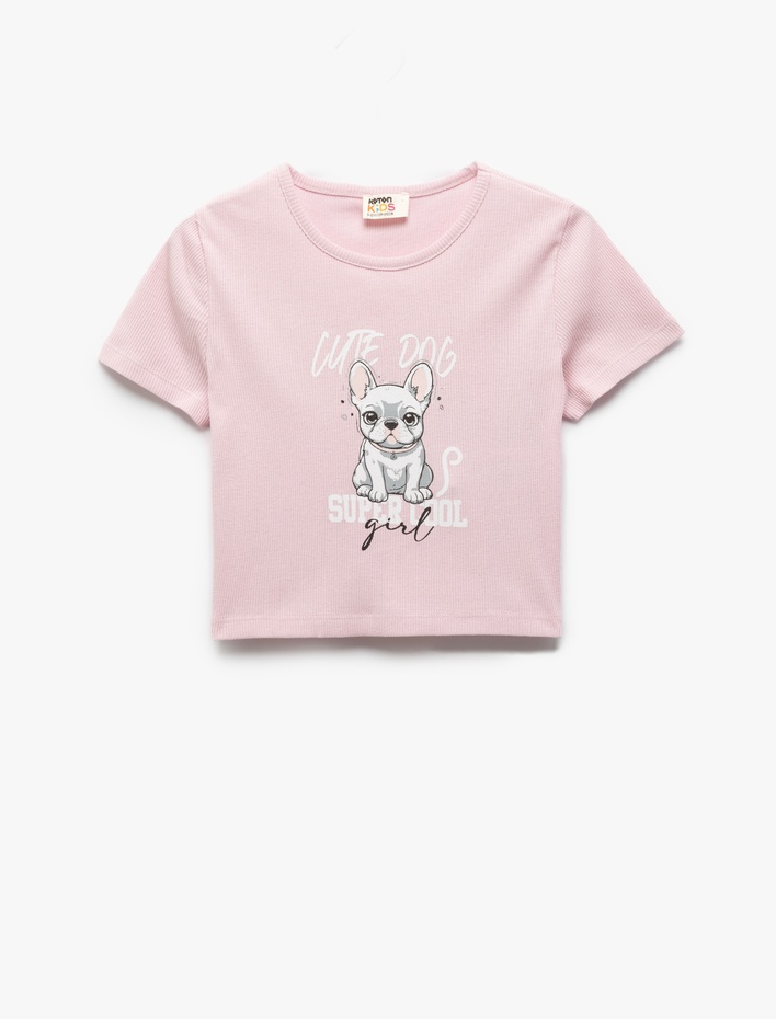 Kız Çocuk Köpek Baskılı Pamuklu Bisiklet Yaka Kısa Kollu Tişört