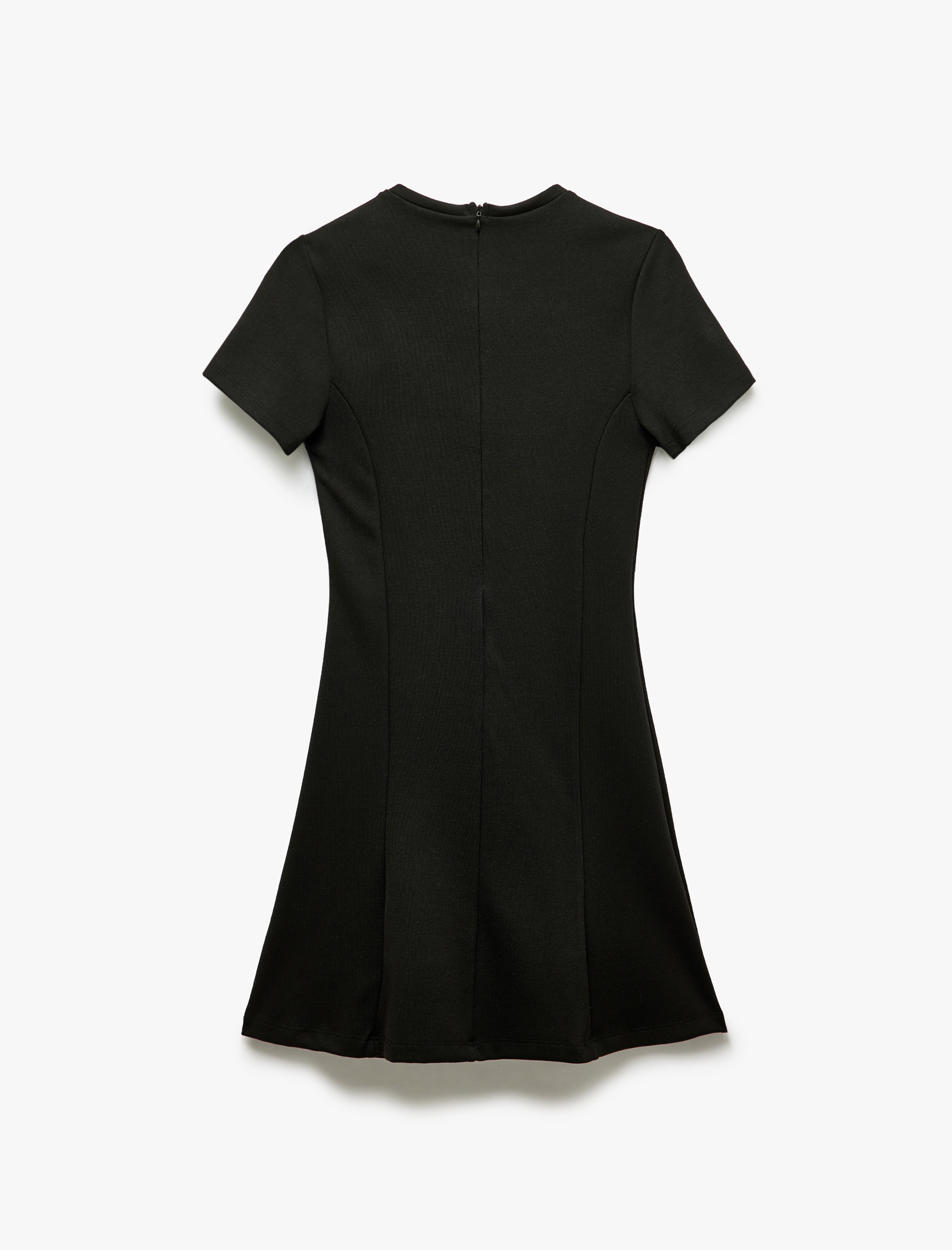   Kısa Kollu Bisiklet Yaka Dikiş Detaylı Kloş Mini Elbise