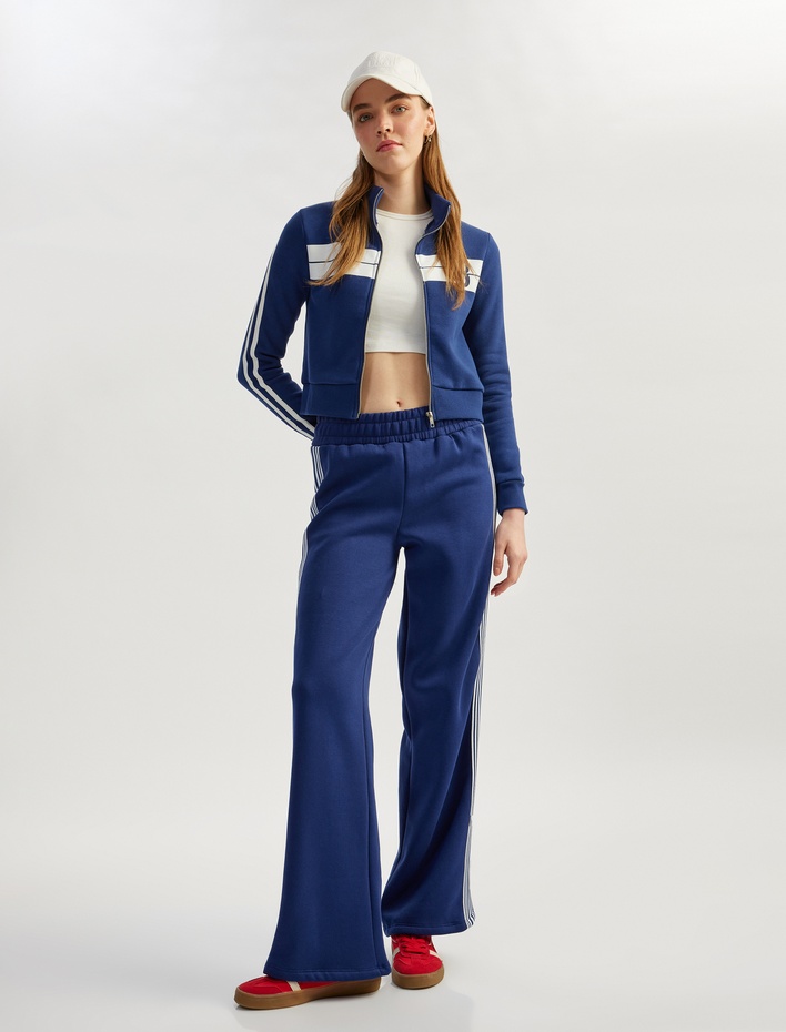  Şardonlu Kolej Baskılı Uzun Kollu Fermuarlı Crop Sweatshirt