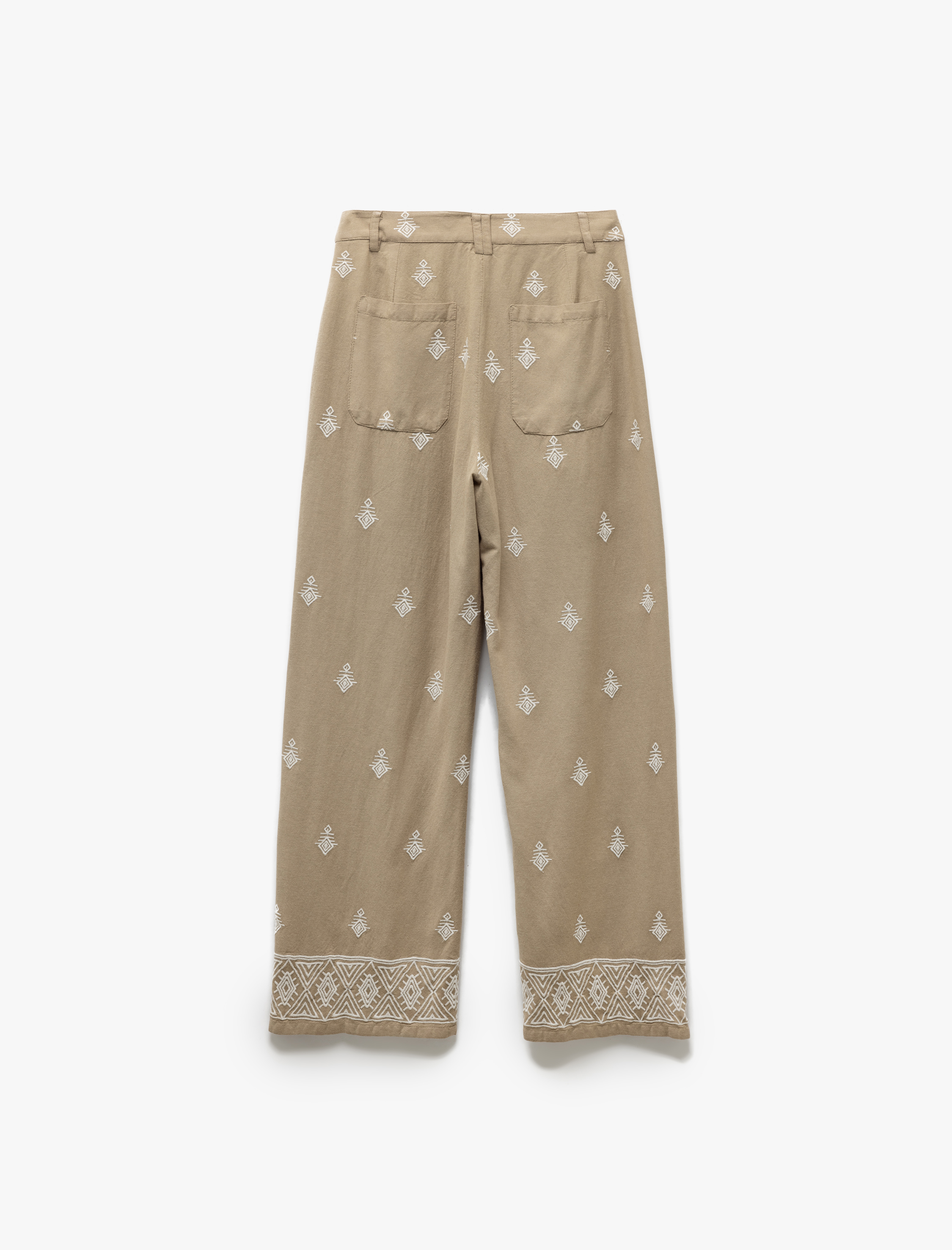   Pamuklu Viskon Kumaş Etnik Desenli İşlemeli Bol Paça Pantolon