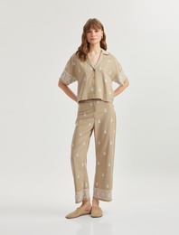 Pamuklu Viskon Kumaş Etnik Desenli İşlemeli Bol Paça Pantolon